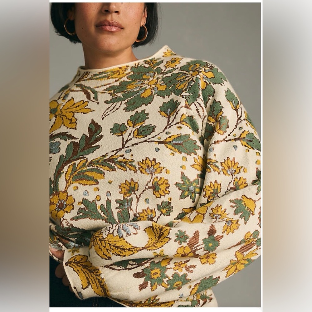 NWT Anthropologie Plus Beatriz Mock Neck Sweater Boho Yellow Floral Size 2X